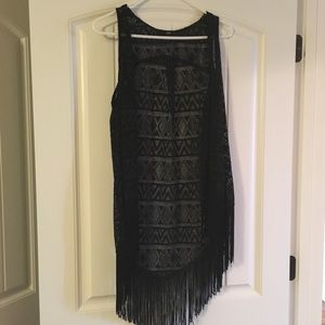 High low sheer vest with print and fringe